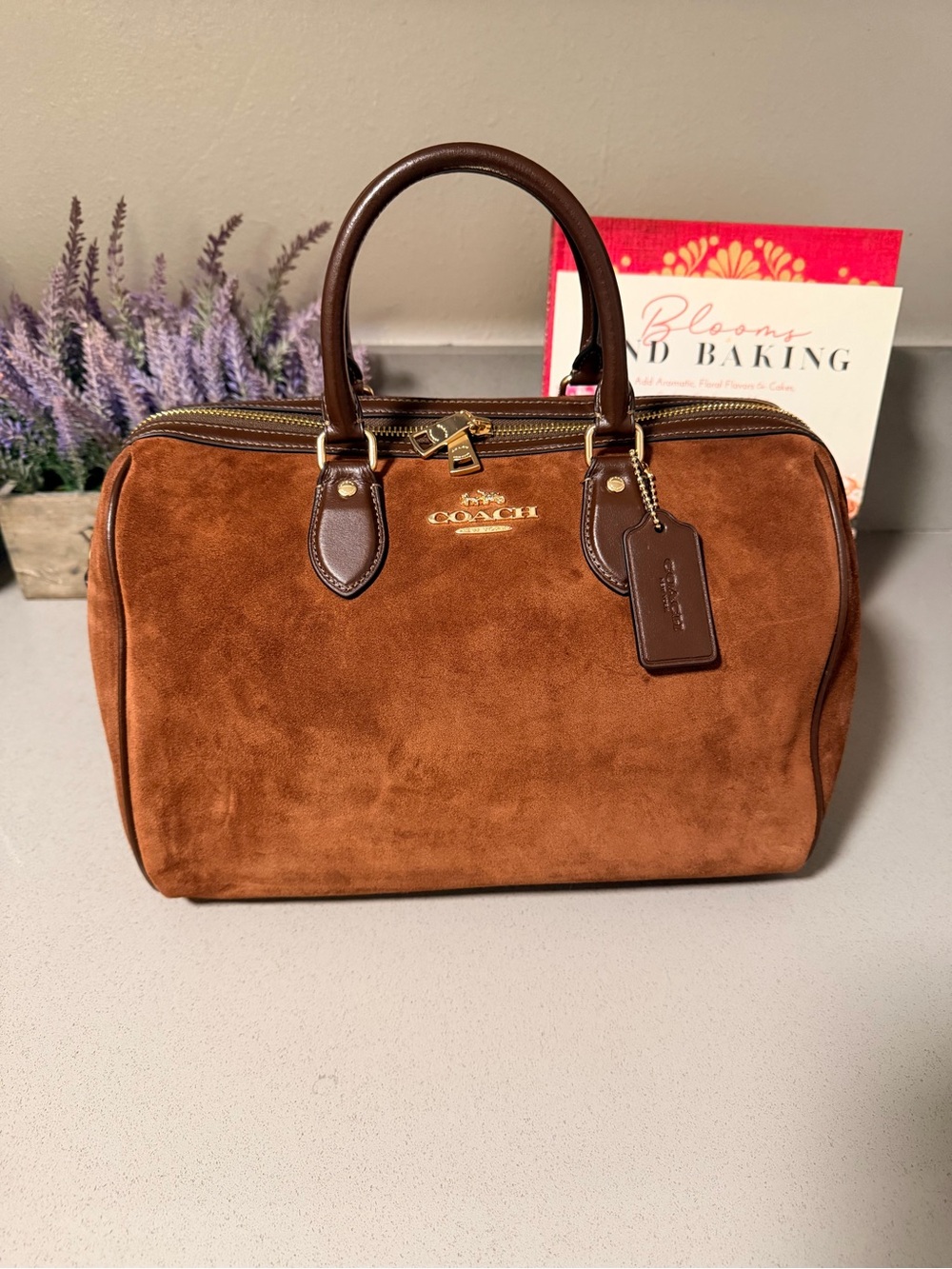 Coach Brown Suede Duffel Satchel with Dark Brown Leather Trim